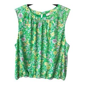 LOFT Green Floral Sleeveless Blouse Size XL Keyhole Back Spring Summer